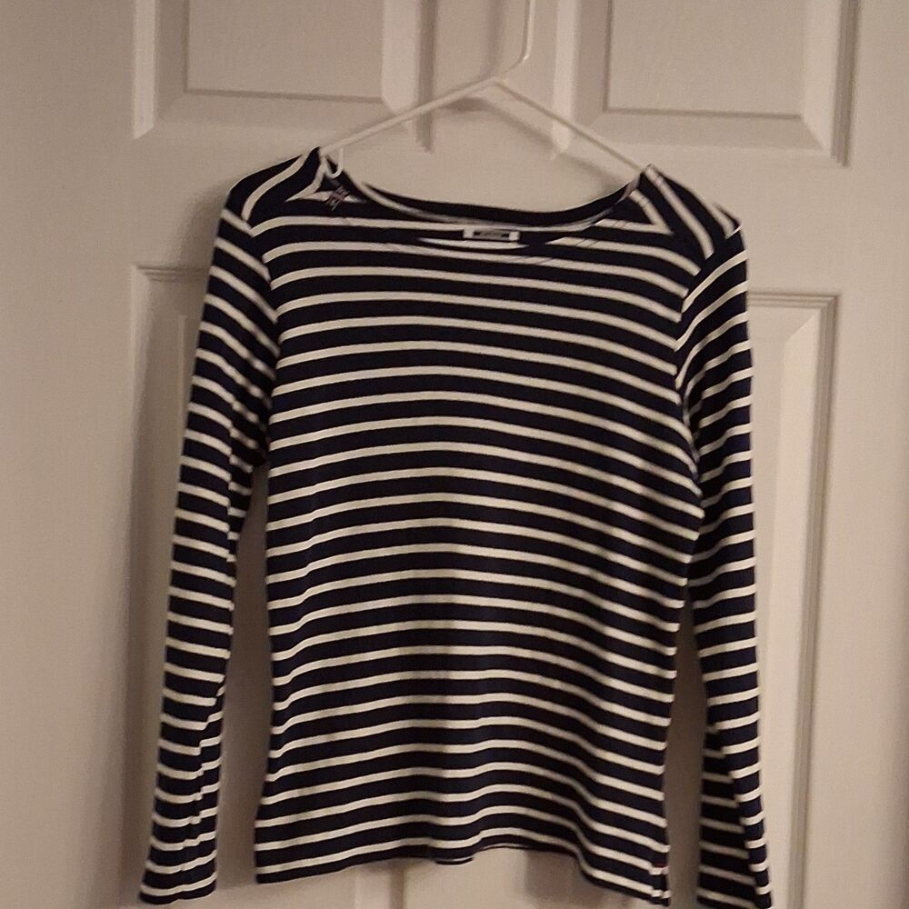 NWOT Voile Bleue Women's Navy White Striped Long Sleeve Cotton Anchor Patch Top